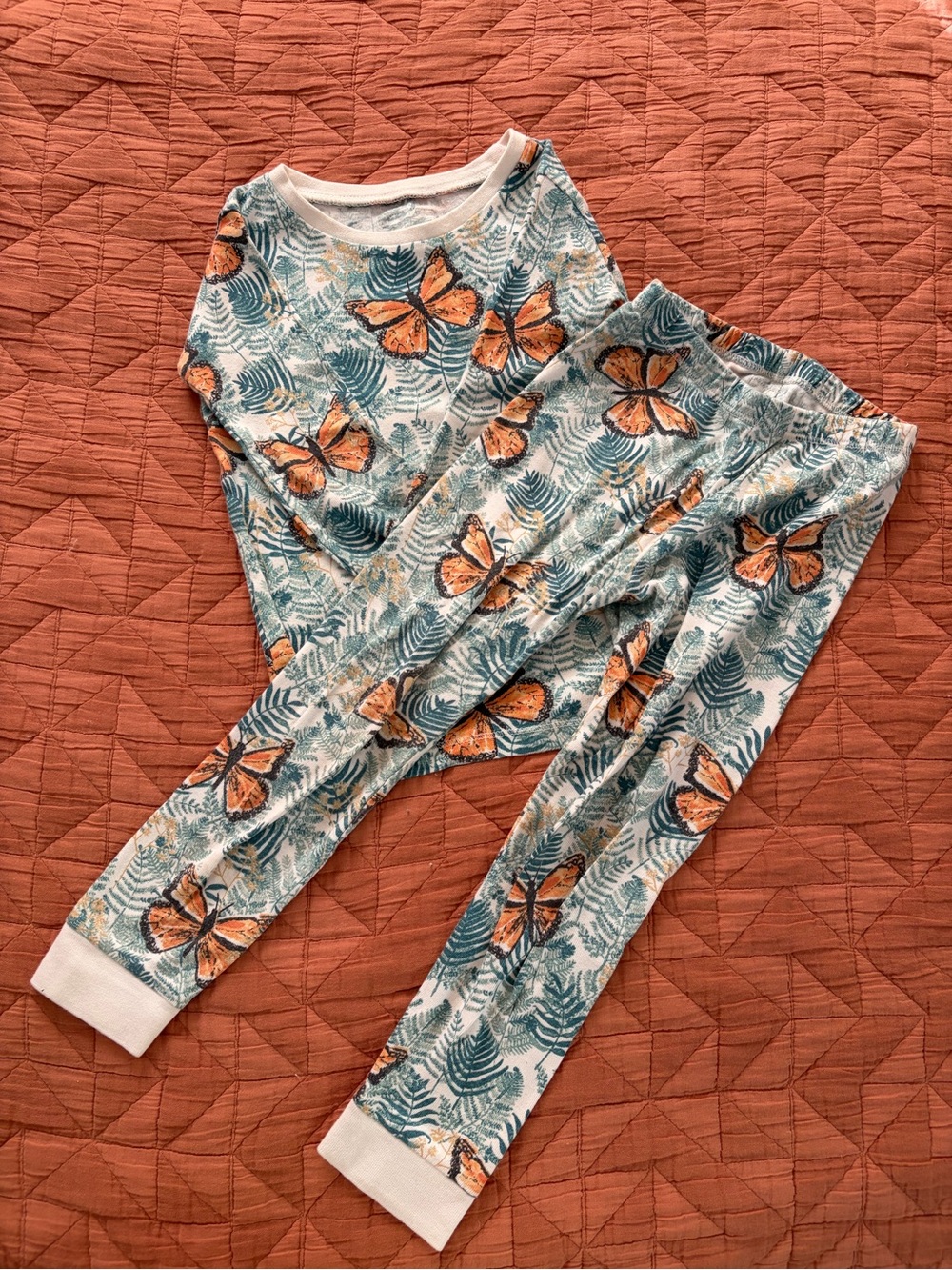 Burt's Bees Orange & Teal Butterfly Print Kids Pajama Set